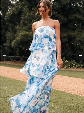 Petal and Pup Strapless Blue Floral Tiered Maxi Dress